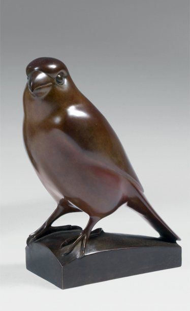 François GALOYER (né en 1944) Durbec des sapins Statuette en bronze à patine brun-rouge...