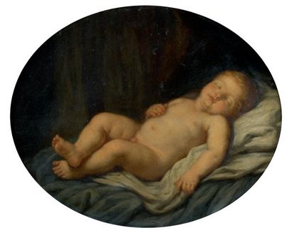Joseph ALBRIER (1791-1863) Portrait d'enfant allongé Huile sur panneau ovale (petits...