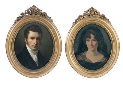 Joseph ALBRIER (1791-1863) Autoportrait et portrait de Madame Albrier Toiles ovales...