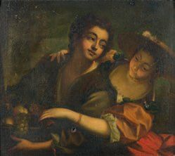 Ecole Italienne du XVIIIe siècle Couple au panier fleuri Huile sur toile (petits...