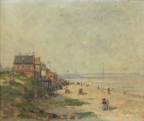 Gustave MASCART (1834-1914) Scène de plage en Normandie Huile sur toile signée en...