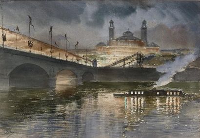 Henri ZUBER (1844-1909) L'ancien Palais du Trocadéro et le pont d'Iéna illuminés...