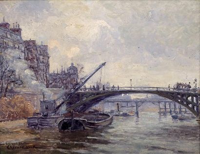 Georges CHÉNARD HUCHÉ (1864-1937) Bateaux à quai au Pont de Sully Huile sur panneau,...