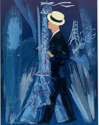 James RASSIAT (1909-1998) Maurice Chevalier enlaçant et embrassant la Tour Eiffel...