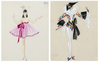 Freddy WITTOP (1911-2001) Arlequin Girl et sexy girl. Projets de costumes de revues...