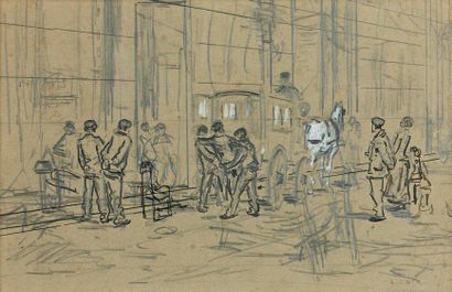 Luigi LOIR (1845-1916) L'ambulance Encre, crayon et gouache. Signé en bas à droite....