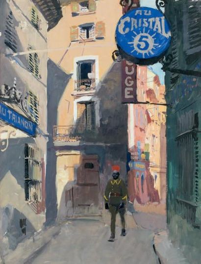 Albert BRENET (1903-2005) Militaire dans une rue de Marseille Gouache signée en bas...