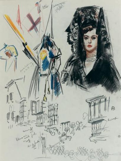 Albert BRENET (1903-2005) Cathédrale de Murcia Femme à la mantille Deux dessins au...