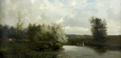 Jean DESBROSSES (1835-1906) Pêcheurs dans un paysage Toile signée en bas à gauche...