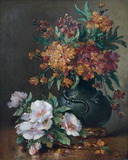 Eugene Henri CAUCHOIS (1850-1911) Bouquet de fleurs sur un entablement Toile signée...
