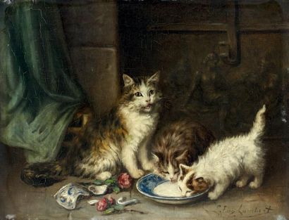 Louis Eugène LAMBERT (1825-1900) Chatte et ses chatons Toile signée en bas à droite...