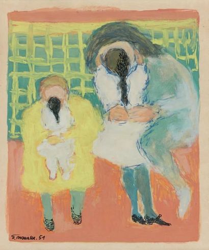 FICKRET MOUALLA (1903 - 1967) FAMILLE S'EMBRASSANT, 1951 Gouache et encre de Chine...