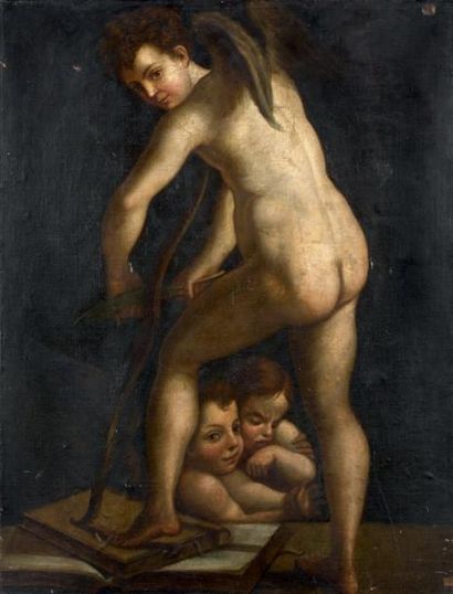 Ecole Italienne du XVIIIe siècle CUPIDON TAILLANT SON ARC Huile sur toile 117 x 89...