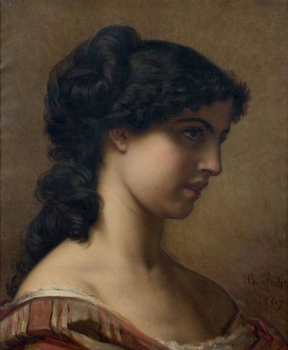 BLANCHE JUIN GUICHARD (1839 - 1930) PORTRAIT DE FEMME MÉDITERRANÉENNE DE PROFIL Huile...