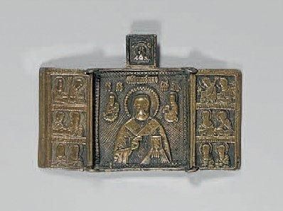 null ICÔNE DE VOYAGE en bronze représentant Saint Nicolas le Thaumaturge, Russie,...
