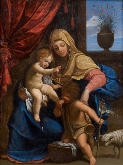 ÉCOLE BOLONAISE VERS 1630, ENTOURAGE DE GUIDO RENI VIERGE À L'ENFANT AVEC SAINT JEAN-BAPTISTE...