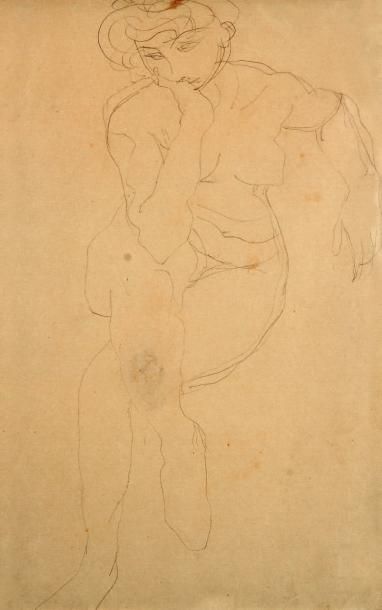 Auguste RODIN (1840-1917), Attribué à FEMME ASSISE PENSIVE Crayon Au dos du carton,...