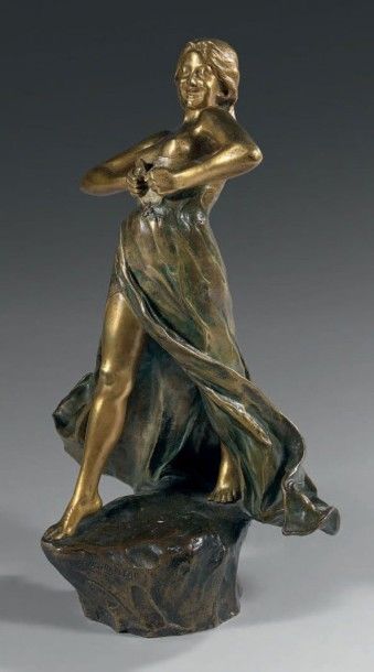 PIERRE FÉLIX FIX MASSEAU (1869 - 1937) 
PETITE FOLLE Bronze à patines dorée, verte,...
