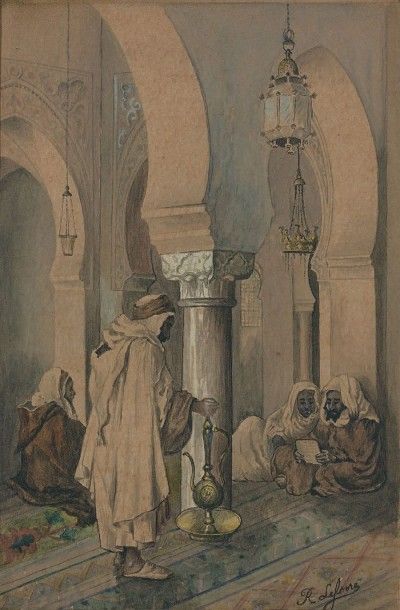 Adolphe René LEFEVRE (1834 - 1868) 
PERSONNAGES DANS UNE MOSQUÉE Aquarelle sur papier,...