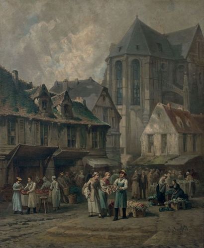 LÉONARD SAURFELT (c. 1840 -?) 
SCÈNE DE MARCHÉ DANS UNE VILLE Huile sur toile, signée...