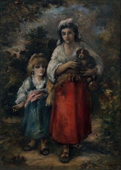Narcisse DIAZ DE LA PENA (1807 - 1876), attribué à 
BOHEMIENNE, ENFANT ET CHIEN EN...