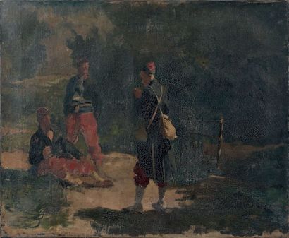 Adolphe René LEFEVRE (1834 - 1868) 
HALTE DE SOLDATS Huile sur toile 49,5 x 60,5...