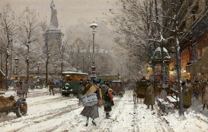 Eugène GALIEN LALOUE (1854 - 1951) Place de la République sous la neige.
Gouache,...