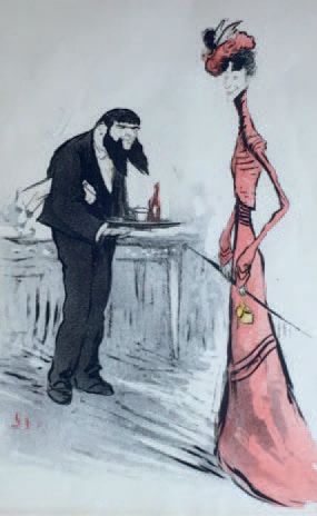 SEM (1863 - 1934) Femme et majord'home. Gravure en couleur. 45 x 30 cm.