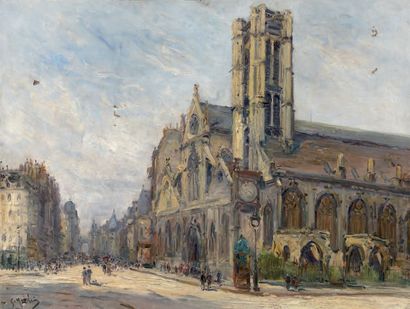 Gustave MADELAIN (1867 - 1944) La rue Saint-Martin animée, l'église Saint Nicolas...
