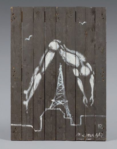 Jérôme MESNAGER (Né en 1961) Le saut de Paris, 2012.
Acrylique sur palissade de bois,...