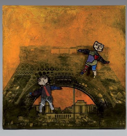 ASTRUC (née en 1953) La Tour Eiffel et deux personnages sur fond jaune.
Acrylique,...