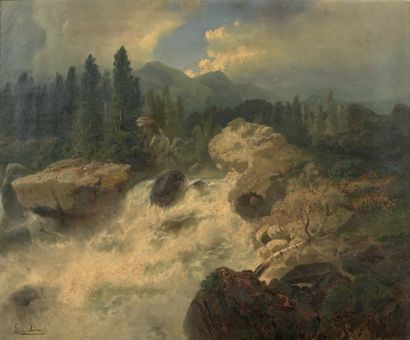 Georg JABIN (1828-1864) 
La Cascade.
Huile sur toile, signée en bas à gauche.
56,5...