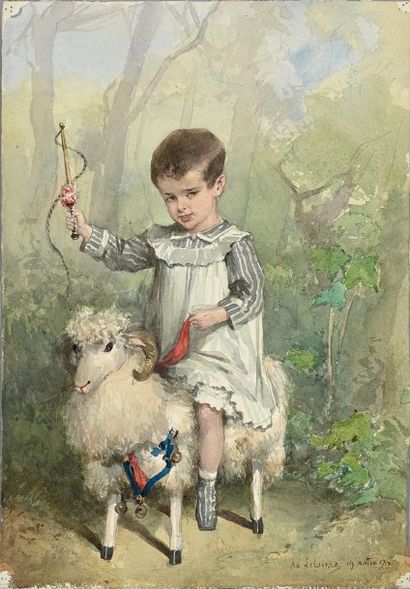 Adolphe LALAUZE (1838-1906) 
Portrait d'Alphonse LALAUZE enfant chevauchant un bélier...
