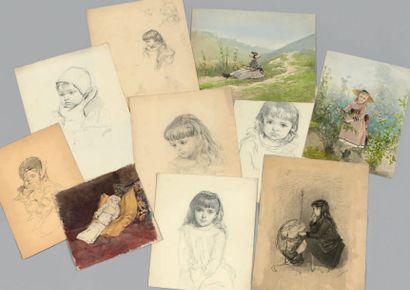 Adolphe LALAUZE (1838-1906) 
Portraits de Mademoiselle LALAUZE.
Sept dessins au fusain,...