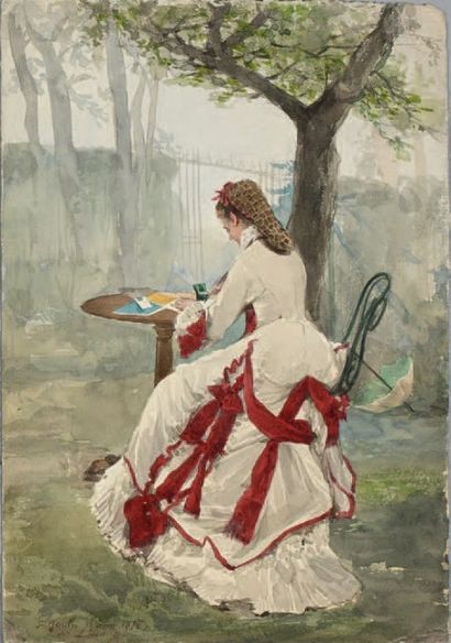 Adolphe LALAUZE (1838-1906) 
Portrait de Madame Adolphe LALAUZE écrivant au jardin.
Aquarelle...