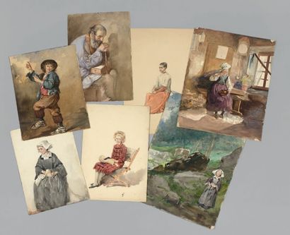 Adolphe LALAUZE (1838-1906) 
- Paysanne dans un intérieur. 31 x 24,8 cm.
- Femme...