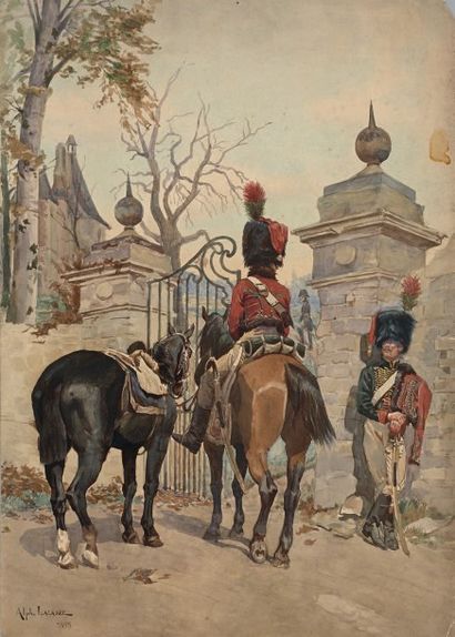 Alphonse LALAUZE (1872-1936) 
Cavaliers hussards.
Aquarelle sur papier, signée et...