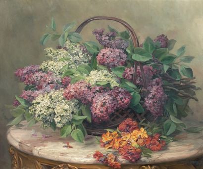 *Léonie LOUPPE (1869- ?) 
Corbeille de lilas.
Huile sur toile, signée en bas à droite.
46...