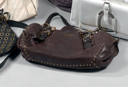 *PRADA Sac à main en cuir marron, double poignée, porte-étiquettes, deux poches intérieures,...