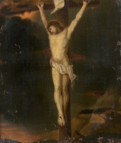 École ESPAGNOLE du XIXe siècle 
Crucifixion.
Huile sur toile.
55 x 46 cm.
(Manques...