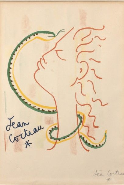 * D'après Jean COCTEAU (1889-1963) 
Portrait au serpent.
Lithographie signée dans...