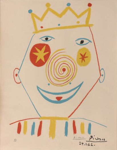 Pablo PICASSO (1881-1973), d'après 
Tête de clown, 24 - 1 - 62.
59 x 42 cm.
Lithographie...