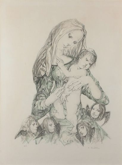 Leonard Tsuguharu FOUJITA (1886-1968) 
Vierge à l'enfant entourée d'angelots.
Lithographie...