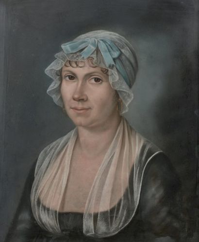 ECOLE FRANÇAISE, VERS 1800 
Portrait de femme au bonnet de dentelle.
Pastel.
53 x...