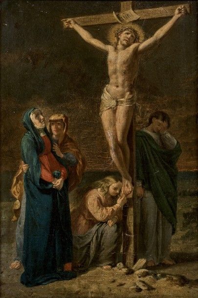 École du XIXe siècle 
La Crucifixion.
Huile sur toile.
31,5 x 21 cm.