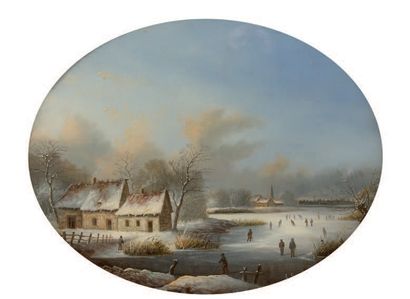 Albert Alexandre LENOIR (1801-1891) 
Paysages sous la neige.
Deux gouaches ovales...