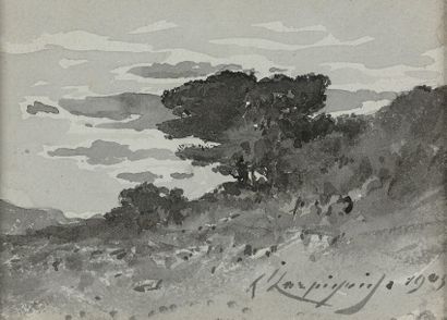 Henri HARPIGNIES (1819-1916) 
Paysage, 1909.
Lavis signé et daté en bas à droite.
8,5...