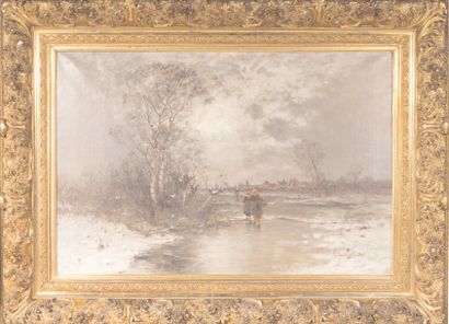 Ecole FRANÇAISE DU XIXe S. Paysannes dans un paysage d'hiver Huile sur toile portant...