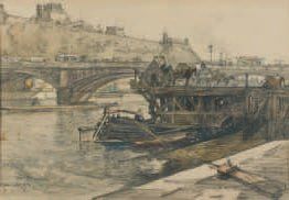 Francis GARAT (né en 1870) Chevaux charriant du sable sur un ponton sur la Seine....