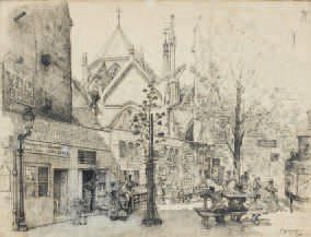 J. GRIGNY Petite place animée au chevet de Saint Séverin en 1892. Dessin à la plume...